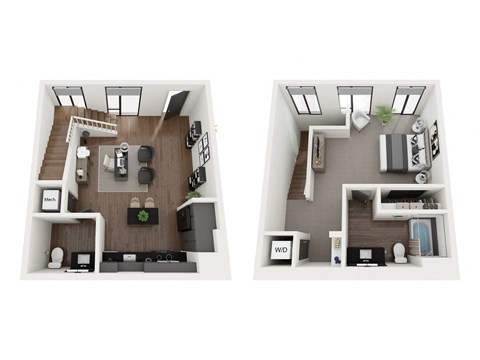 Floor plan for 1 bed, 1.5 baths, 995 sqft